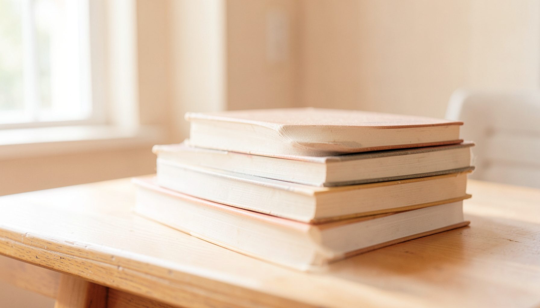 Primer plano de libros apilados sobre una mesa de madera clara, con luz natural suave que entra por una ventana, tonos cálidos beige y marrón, ambiente sereno y académico.