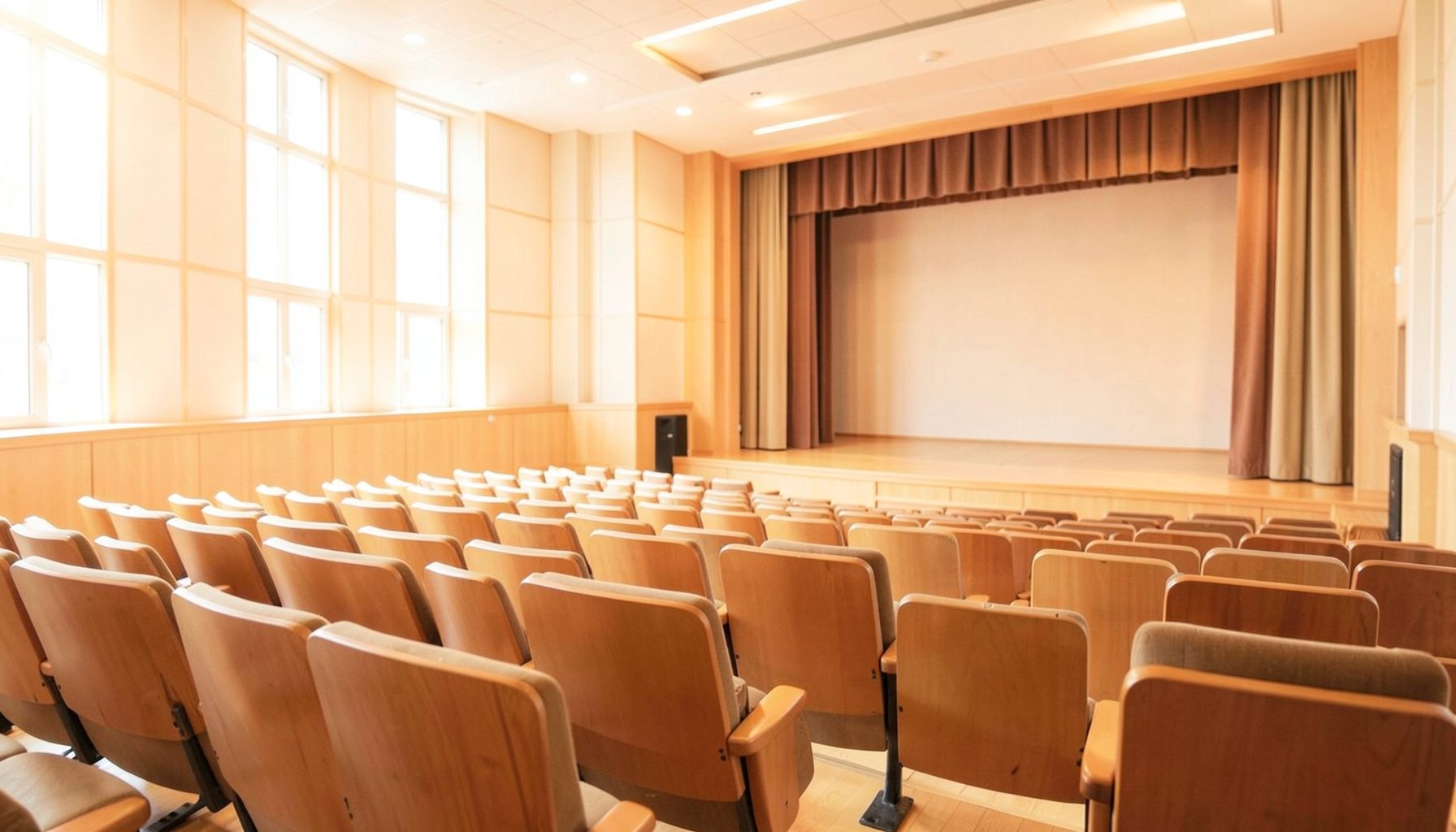 Auditorio con iluminación cálida y butacas dispuestas hacia un escenario, atmósfera serena y académica en tonos dorados y marrones suaves.