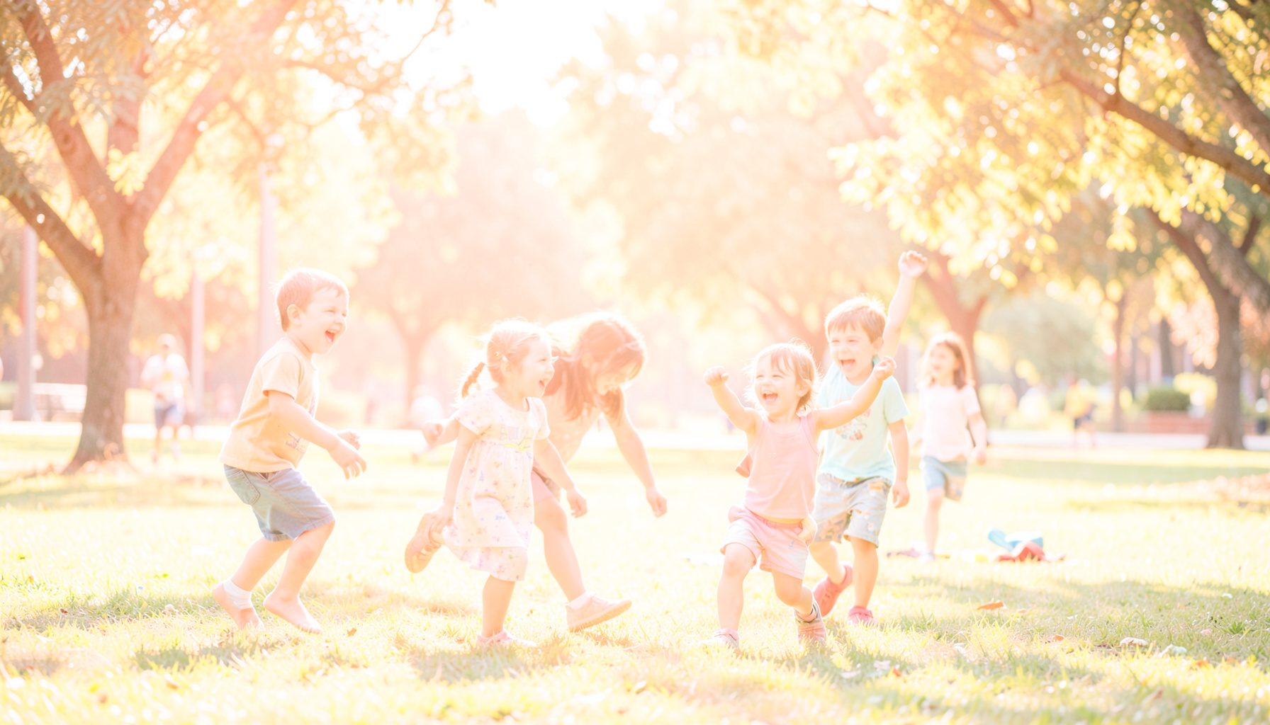 Niños jugando al aire libre en un parque soleado, con colores cálidos y vibrantes, risas y movimiento en un entorno natural lleno de luz